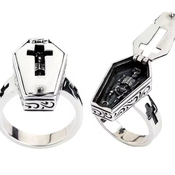 Halloween Vintage Silver Gothic Coffin Ring vampire skull - Picture 3 of 14